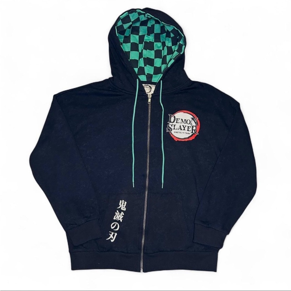 Demon Slayer Black Zip-Up Hoodie with Green Checker Lining